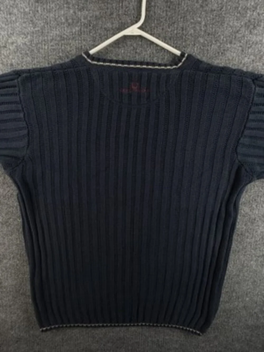 Fred Perry Heavyweight Large Logo V-Neck Blue Men Pullover Sweater Cotton Knit